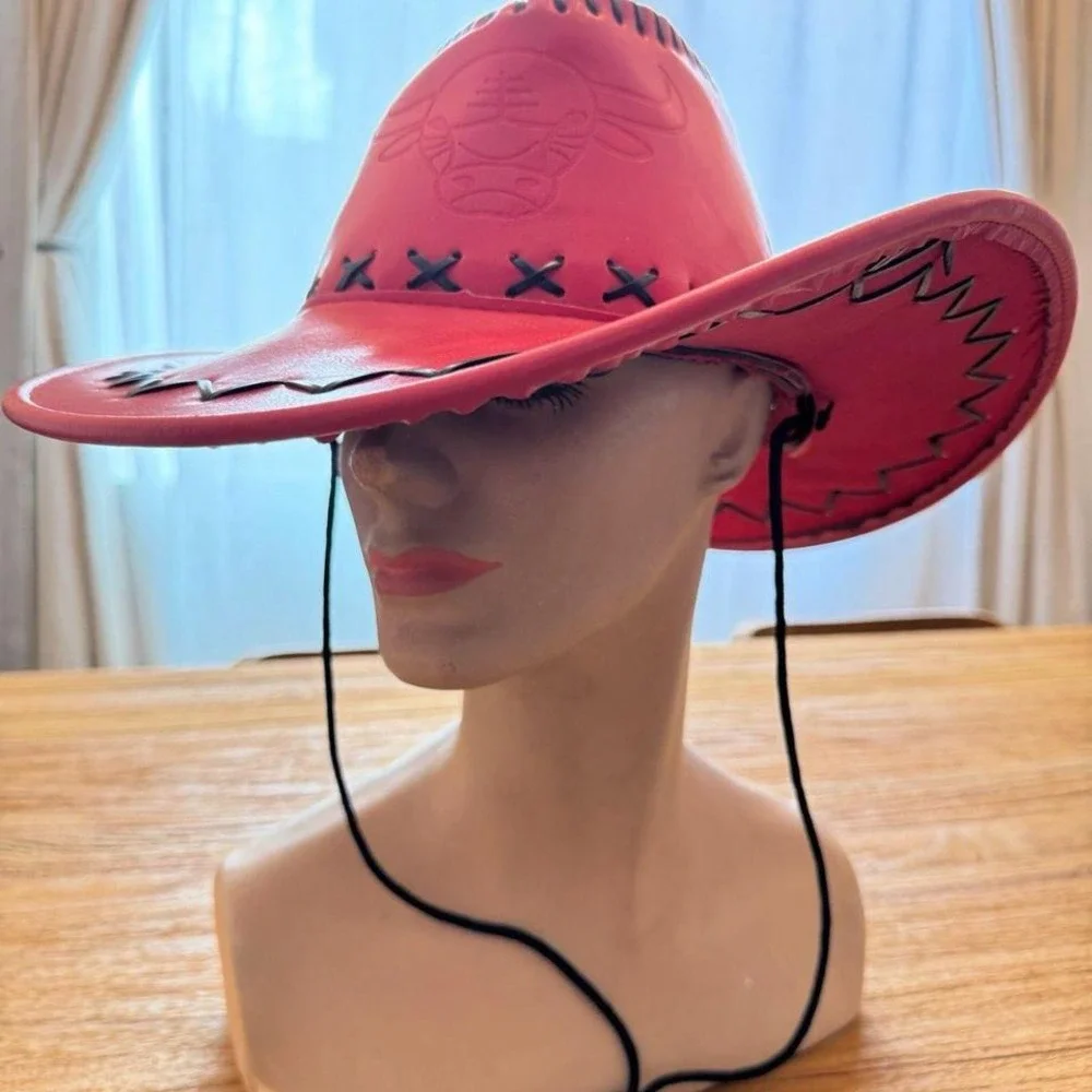 Vintage Red Faux Leather Cowboy Hat Bull Head Embossed Black Lace Trim
